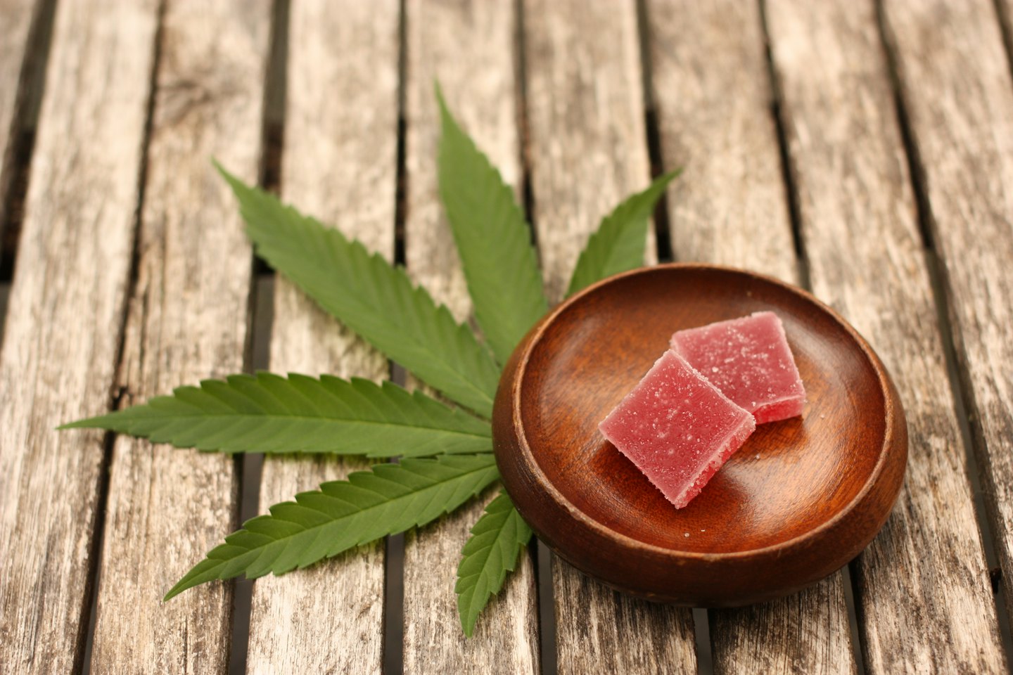 Two red gummies in a wooden bowl next to a cannabis leaf.