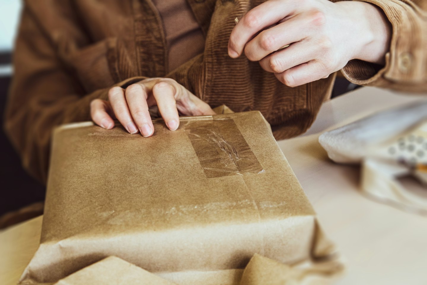 Hands sealing a brown paper package with clear tape.